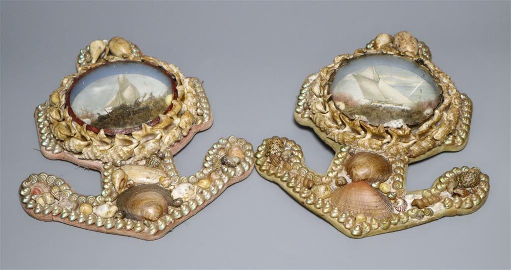 A pair of 19th century sailors Valentine shellwork anchor diorama, overall length 27cm